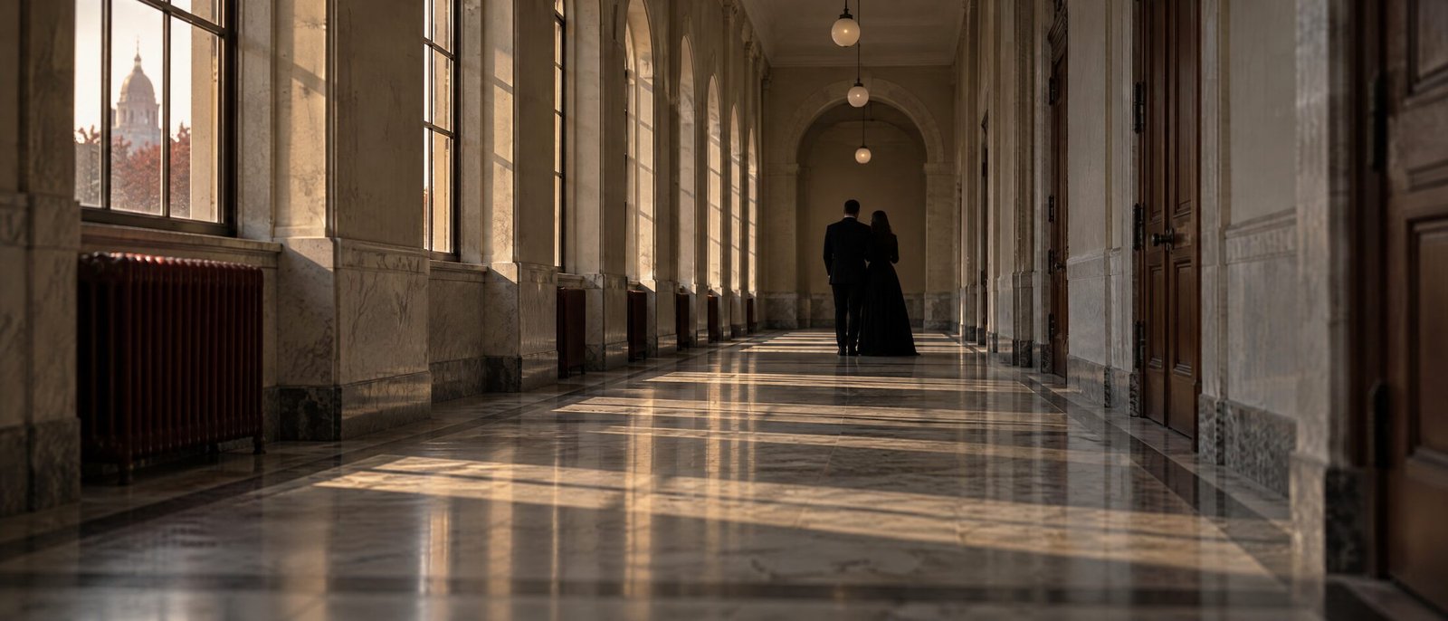 A courthouse corridor at golden hour, two people in black, no guests, no aisle — the whole wedding.