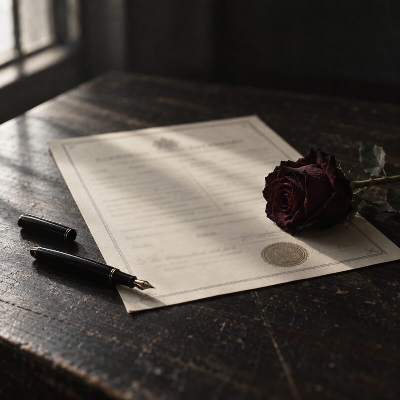 A marriage licence on a bare table beside a pen and a single dark rose.