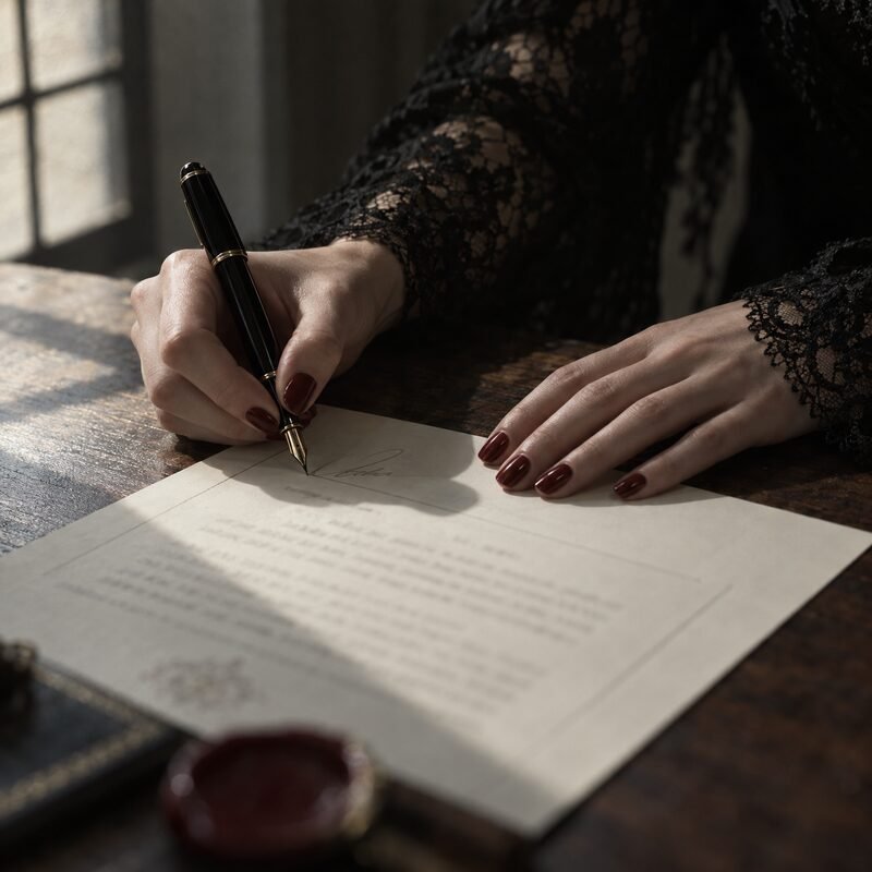 Hands signing, black lace cuff, no officiant in frame.